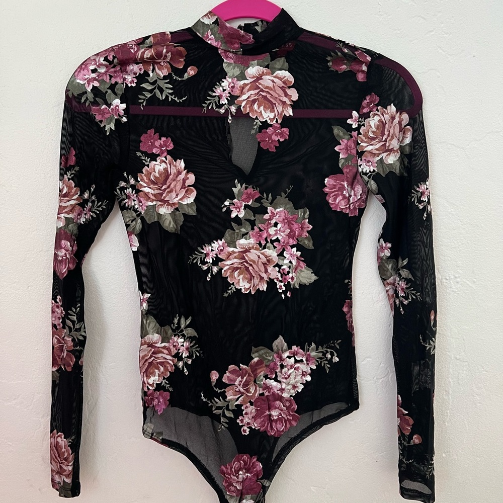 Guess Black Mesh Body Suit with Pink Floral Trim